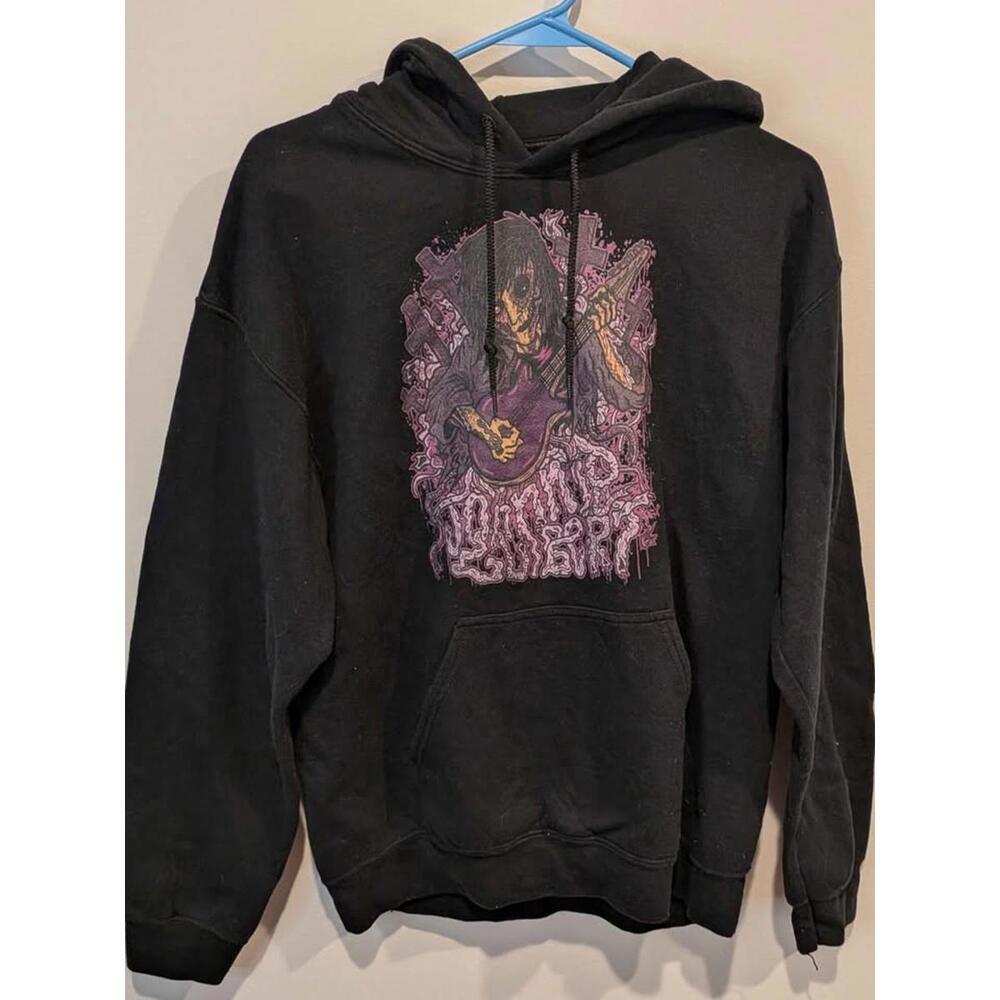 Johnnie Guilbert Gildan Black Medium Hoodie with Skeleton Guitar Graphic